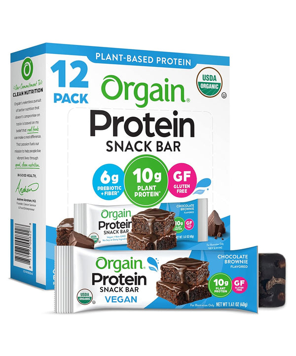 Orgain Organic Vegan Protein Bars, Chocolate Brownie - 10g Plant Based Protein, Gluten Free, Pack of 12