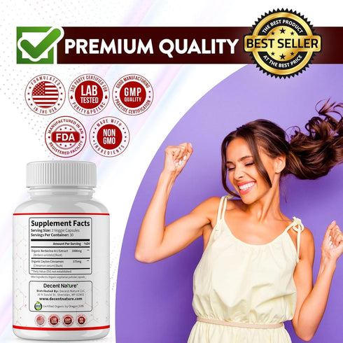 Organic Berberine with Ceylon Cinnamon 2175mg - Premium USDA Organic Supplement, Non-GMO Vegan, 90 Capsules