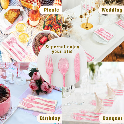 Plastic Utensils Set - 150 Pack Pink Silverware - 50 Forks, 50 Knives, 50 Spoons for Birthday, Wedding, Baby Shower