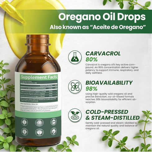 Immune 80% 2 Oz, 8 Oil of Oregano Drops with Black Seed Oil, Turmeric Oil, Vitamin E & Olive Oil Based, Digestive