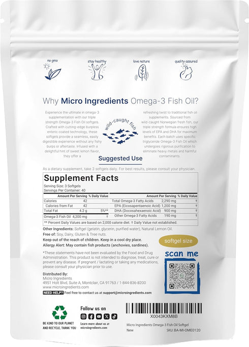 Triple Strength Omega 3 Fish Oil Supplements 4200mg Per Serving, 120 Softgels – Lemon Flavored – Burpless | EPA 1200mg + DHA 900mg | Deep Sea Fish