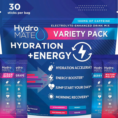 HydroMATE Electrolytes Powder Drink Mix Packets, 30 Count, Low Sugar Hydration Accelerator