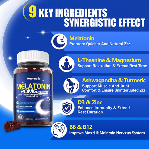 Melatonin 20mg Gummies for Adults, Sugar Free Extra Strength with L-Theanine, Magnesium, Ashwagandha, Turmeric, D3 &