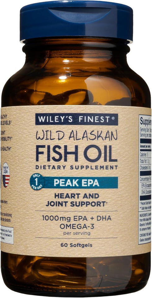Wiley's Finest Wild Alaskan Fish Oil Peak EPA - Triple Strength 1000mg Omega-3s, SQF-Certified - 60 Softgels (60