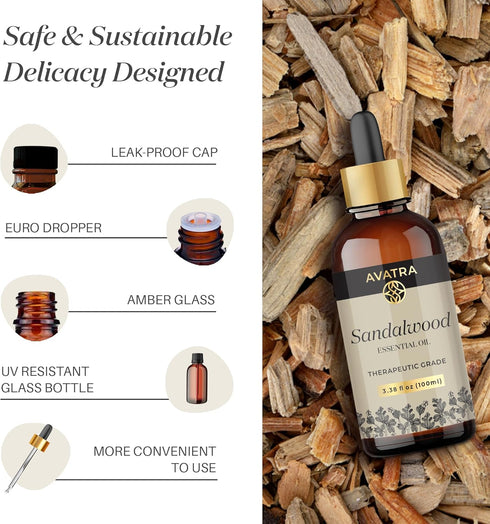 Avatra Sandalwood Essential Oil 3.38 Fl Oz - Natural Oil for Skin, Aromatherapy, Diffuser, Soap, Candle Making