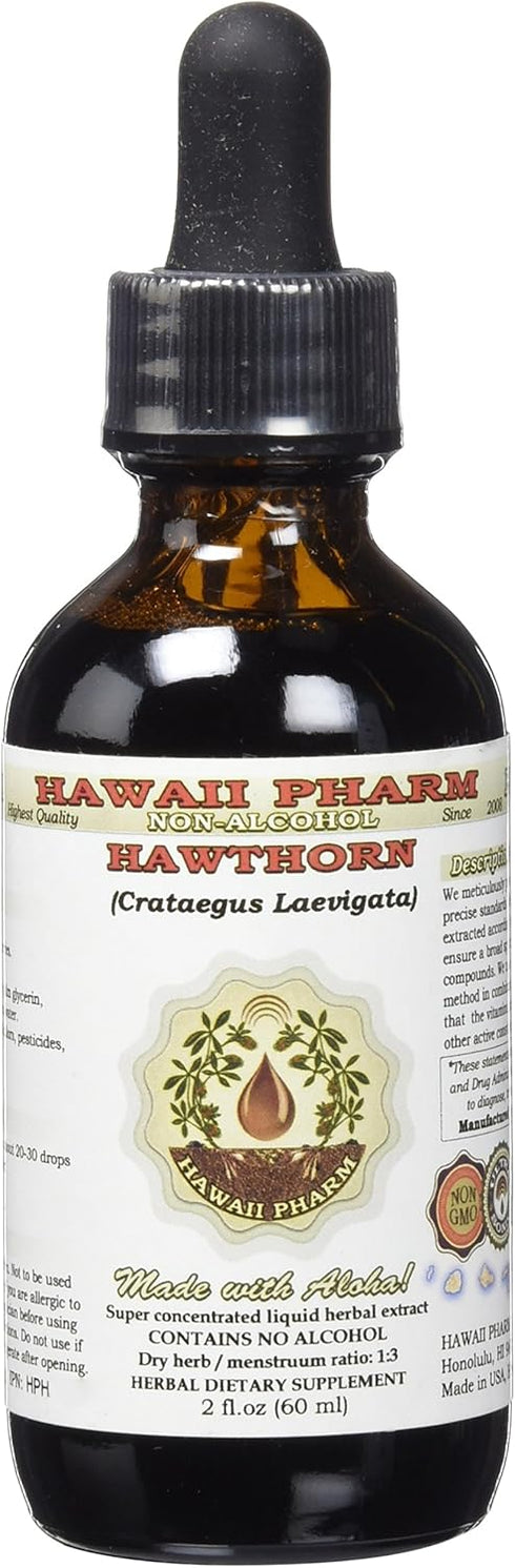 Hawaii Pharm Hawthorn Alcohol-Free Liquid Extract, Hawthorn (Crataegus Laevigata) Dried Berry Glycerite 2 oz