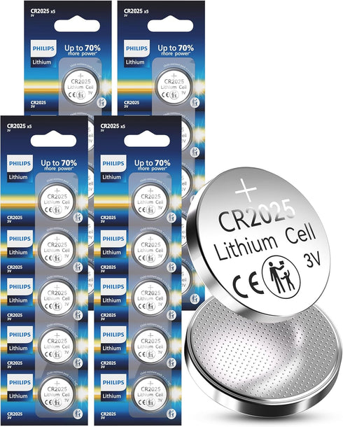 Philips CR2025 3V Lithium Coin Battery (20 Pack) | 10-Year Shelf Life, Stable