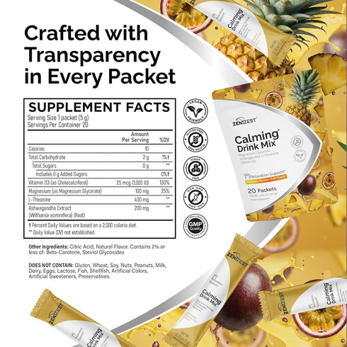 ZeniZest D3 20 Packets Calming Drink Mix Powder - Natural Cortisol Balance Calm Sleep Stress Support Supplement