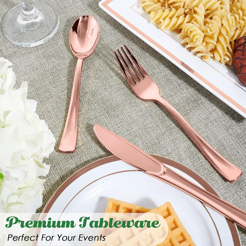 FOCUSLINE 75 Pack Rose Gold Plastic Silverware Set, 25 Forks, 25 Knives, 25 Spoons, Heavy Duty Disposable Cutlery