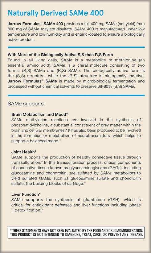 Jarrow Formulas SAMe 400 mg, Supports Joint Health, Liver Function, Brain Metabolism, 60 Tablets