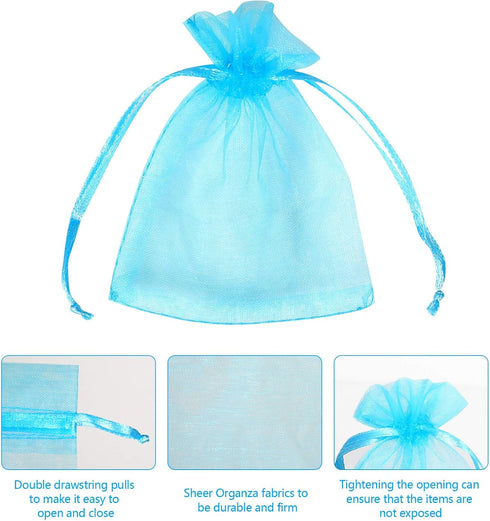Boshen 100/200PCS Teal Blue Organza Gift Candy Sheer Bags, Mesh Jewelry Pouches Drawstring for Wedding Party Favors