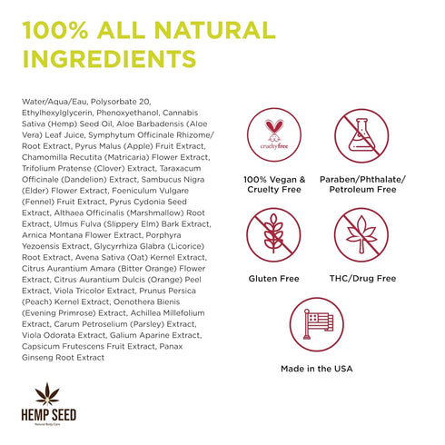 Hemp Seed Body Mist - 8 fl oz, Moisturizes & Protects Skin with Hemp Seed Oil, Chamomile & Aloe Vera, Vegan