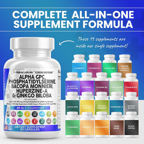 Clean Nutraceuticals Alpha GPC Choline 300mg, Phosphatidylserine 3000mg, Bacopa Monnieri 6000mg & Ginkgo Biloba