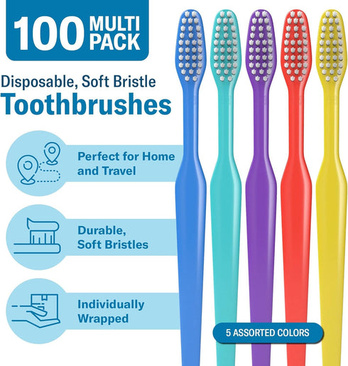 100 Pack Disposable Medium Soft Bristles Bulk Toothbrushes, Individually Wrapped