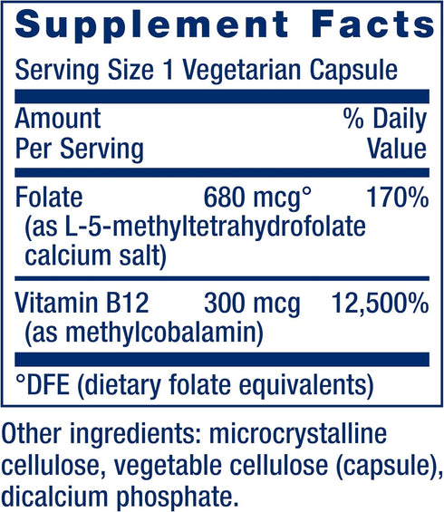 Life Extension BioActive Folate & Vitamin B12, promotes heart, brain & GI tract health, non-GMO, gluten-free, vegetarian, 90 capsules