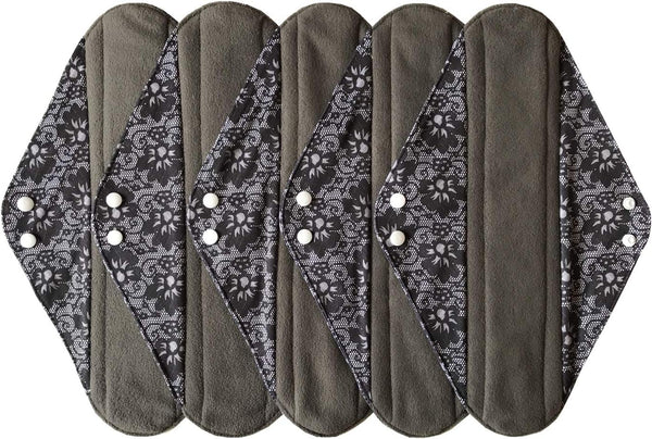 MUMBABY 5 Pieces Charcoal Bamboo Mama Cloth/ Menstrual Pads/ Reusable Sanitary Pads (Black