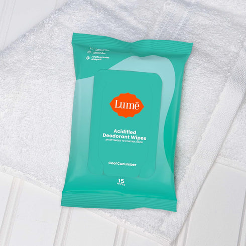 Lume Acidified Deodorant Wipes - 24 Hour Odor Control, Aluminum Free, Skin Loving - 15 Count (Pack of 3)
