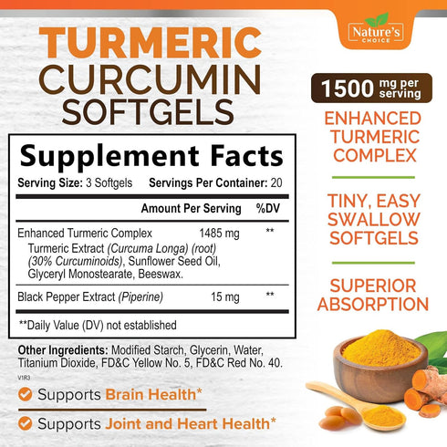 Turmeric Curcumin Supplement 1500mg with Curcuminoids, Black Pepper for Advanced Absorption, 60 Softgels