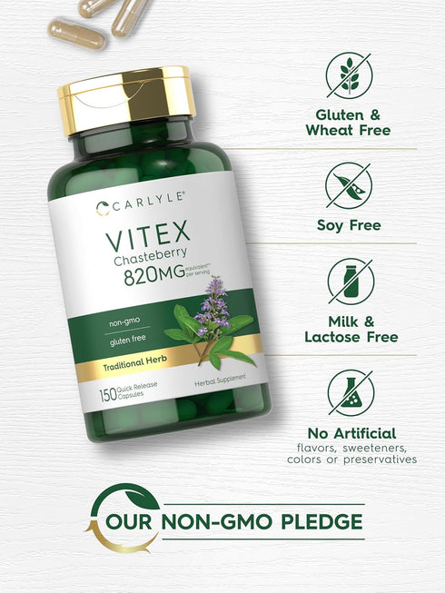 Carlyle Vitex Chasteberry Supplement | 820mg | 150 Capsules | Non-GMO, Gluten Free