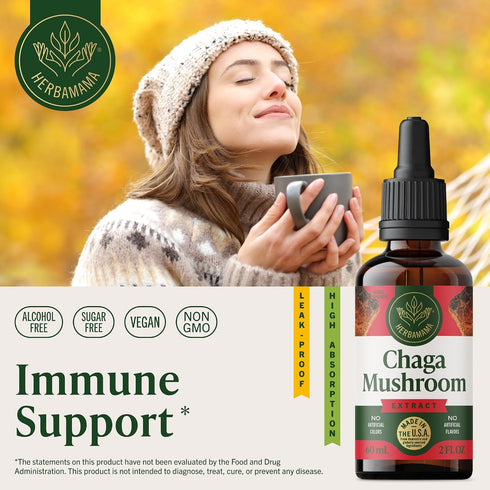 Immune Immunity 42-Day HERBAMAMA Chaga Mushroom Tincture - Vegan Support & Defense with Chaga Mushroom Extract Drops