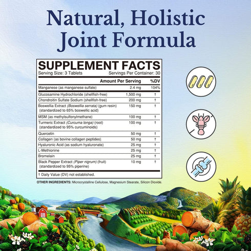 VITALITOWN Glucosamine Chondroitin MSM | Collagen, Boswellia, Turmeric, Hyaluronic Acid, Bromelain | Triple Action+ Joint Formula | 12 Joint-Loving Ingredients | 90 Tablets, No Shellfish