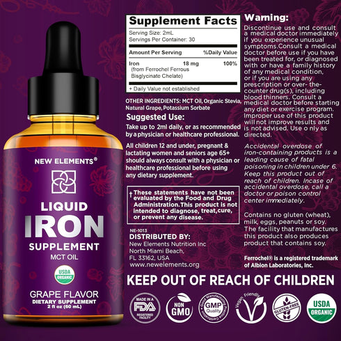 Iron Supplement for Women & Men, Organic Liquid Iron Drops for Adults with MCT Oil, 2 Fl Oz, Immune Support