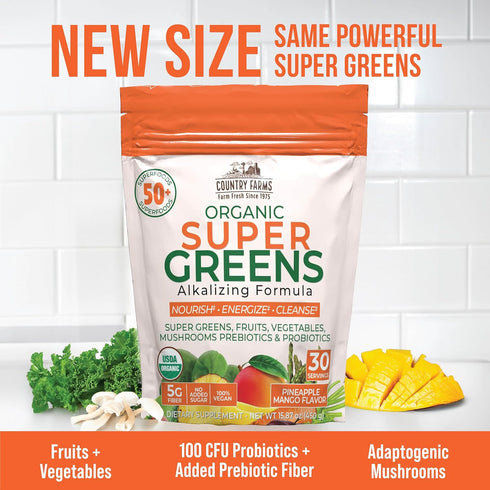 COUNTRY FARMS Super Greens Pineapple-Mango Flavor | 50 Organic Super Foods Drink Mix | Natural Energy, 30 Servings