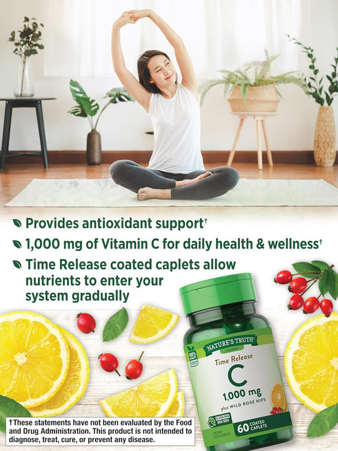 Vitamin C 1000mg, 60 Caplets, with Wild Rose Hips, Vegetarian, Non-GMO, Gluten Free Supplement, by Nature's Truth