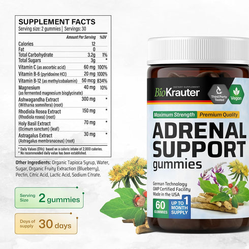 Adrenal Support Gummies, Organic Rhodiola & Ashwagandha, 60 Chews, Vegan Mood Support Supplement with Vitamins