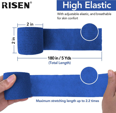 RISEN Cohesive Bandage 2” x 5 Yards, 6 Rolls Self Adherent Wrap Medical Tape for First Aid
