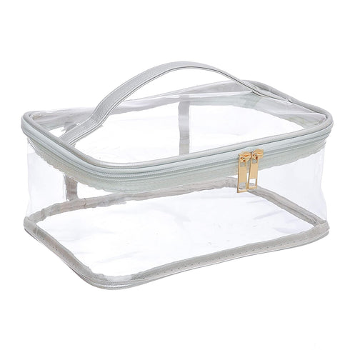 Large Cosmetic Bag for Women, Clear Makeup Pouch for Travel or Home, Transparent PVC Organizer with Handle (Silver)