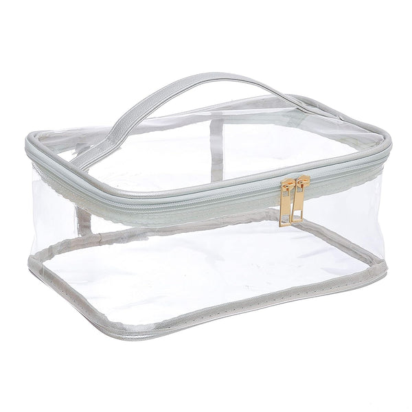 Large Cosmetic Bag for Women, Clear Makeup Pouch for Travel or Home, Transparent PVC Organizer with Handle (Silver)