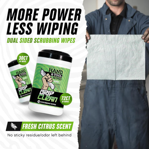 Grip Clean Cleaning Wipes – Heavy-Duty Hand Cleaner for Mechanics, 30ct Citrus Scented