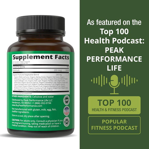 Selenium Supplement, 30 Pills, Pure Vegan Capsules, Whole Food Blend of 25+ Vegetables and Fruits for Immune Support