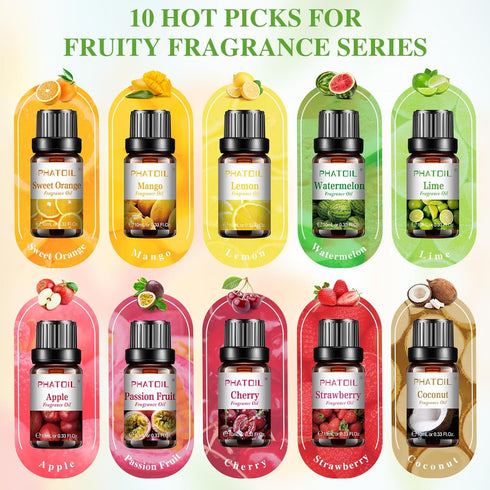 10Pcs Fruity Fragrance Oil Set, Coconut, Cherry, Apple, Strawberry, Mango Candle Scents for Candle Making, Freshie Scents for DIY Soap Making, Diffuser Oil Scents Set
