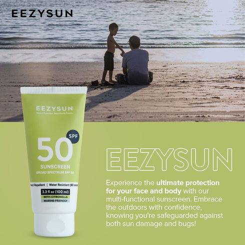 SPF50 3.3 oz EEZYSUN Sunscreen with Insect Repellent - Water-Resistant Sunscreen Bug Repellent Combo with Citronella