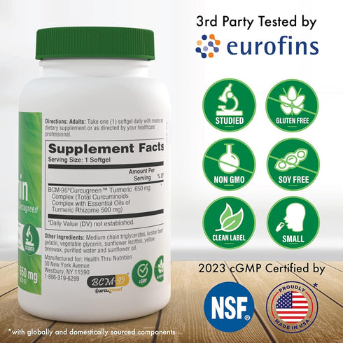 Health Thru Nutrition Curcumin 650mg BCM-95 Curcugreen, High Absorption Turmeric Curcumin Complex, 60 Capsules