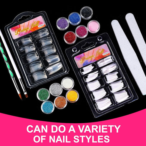 Nail Kit Set Professional Acrylic - 12 Glitter Acrylic Powder Kit with Nail Art Tips, Decoration, DIY Tools for