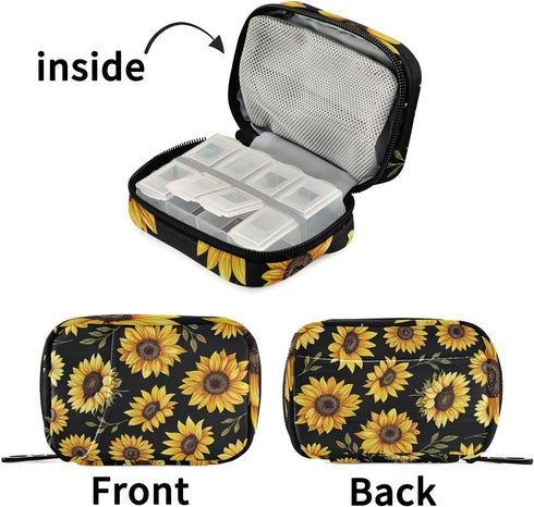 Kigai Sunflower Pill Case Weekly Pill Box Portable Travel Pill Bag Organizer with Zipper for Vitamins, Medication