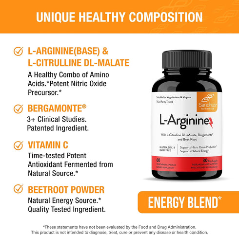 Sandhu's L-Arginine with Nitric Oxide Precursor | 30 Days Supply | Workout Supplement | Supports Blood Flow & Vascular