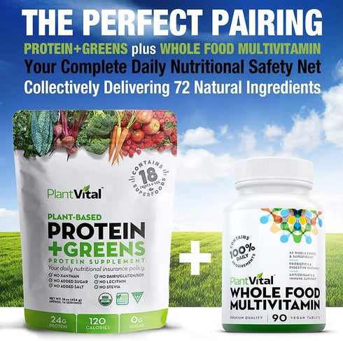 Plantvital Organic Vegan Protein Powder, Unflavored, 18 Superfoods, 16oz Pouch, Gluten Free