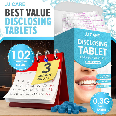 JJ Care Disclosing Tablets for Teeth | 102 Count Grape Flavored Plaque Tablets for Kids and Adults