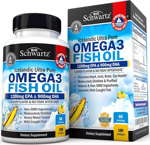 Triple Strength Omega 3 Fish Oil Supplement - 2250mg EPA DHA from Wild Caught Fish for Joint & Brain Health - 180