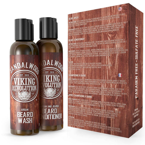 Viking Revolution Beard Wash & Conditioner Set with Argan & Jojoba Oils, Natural Sandalwood Scent, 5oz