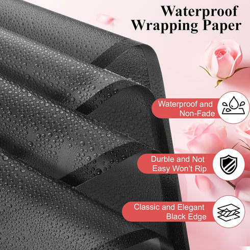 25 Sheets Black Flower Wrapping Paper, Waterproof Floral Paper for Wedding and Birthday Gift Packaging