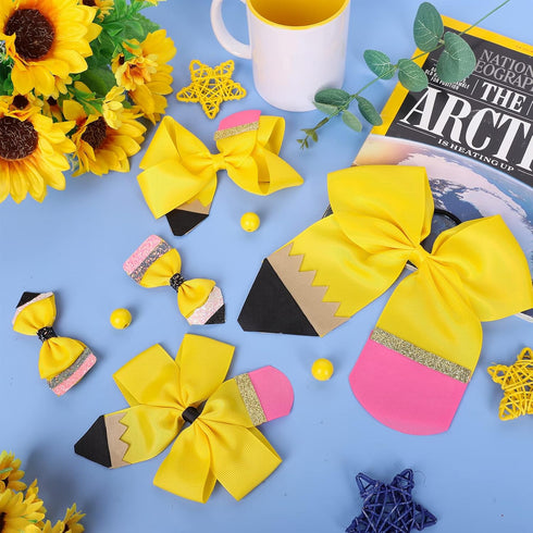 Whaline 5Pcs Back to School Yellow Pencil Hair Bow Clips, Jumbo Ribbon Grosgrain Hairgrips for Girls