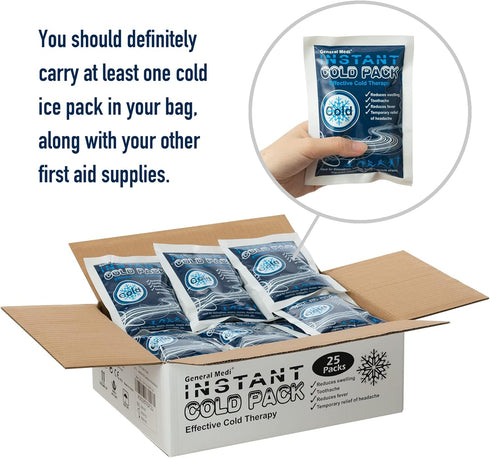 General Medi Instant Ice Cold Pack, 25 Packs Disposable Cold Therapy Ice Packs for Pain Relief, Swelling, Inflammation