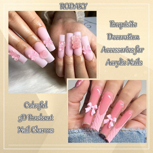 RODAKY 200PCS Bow Nail Charms, Colorful 3D Bowknot Charms for Nail Art Design, Resin Flatback Bow Nail Studs for