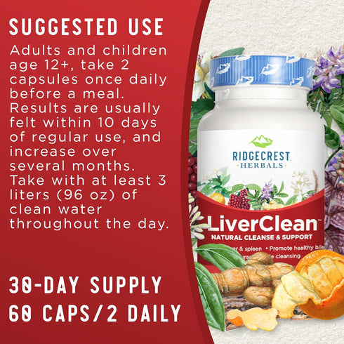 Ridgecrest Herbals LiverClean, Herbal Liver Support Supplement with Blessed Thistle and Dandelion, 60 Caps