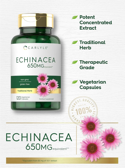 Carlyle Echinacea 650mg Capsules - 120 Count Non-GMO & Gluten Free Supplement
